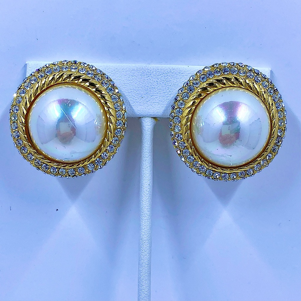 Dior Gold-Tone Clip-On Earrings with Ivory Pearl Centers and Clear Crystals
